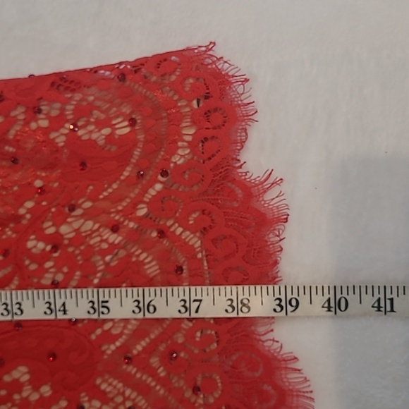 Frank Lyman, red dress, plunging neckline, fully lined, lace, red rhinestones - Picture 10 of 10